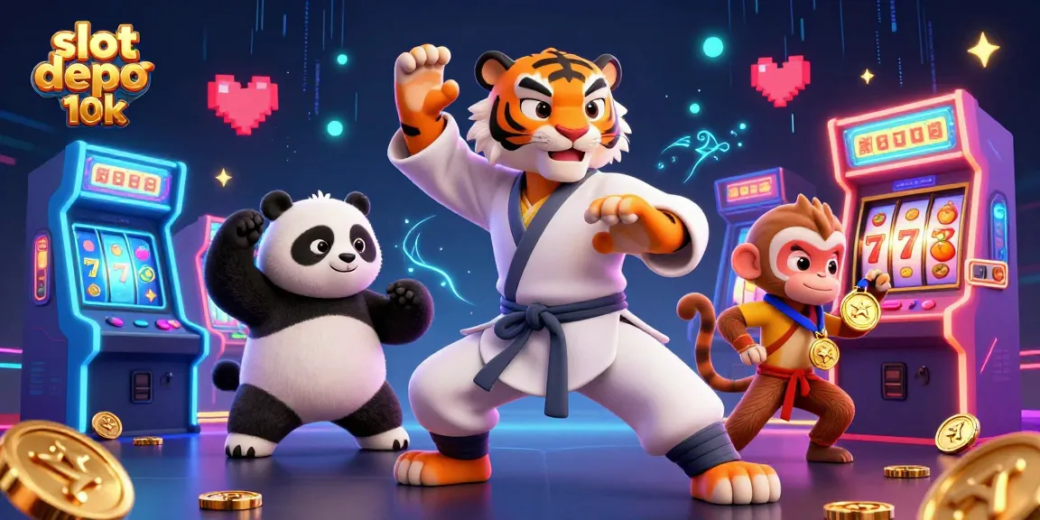 Engage with the excitement of slot depo 10k through an animated scene with a kung fu tiger and playful characters.