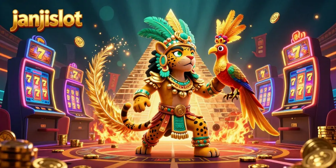 Experience the thrill of janjislot with vibrant casino characters amid swirling gold coins and lights.