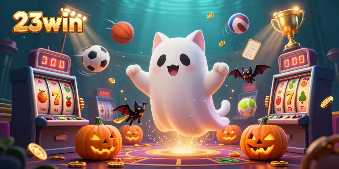 Experience thrilling wins at 23win with a ghost cat and casino-themed elements floating in action.