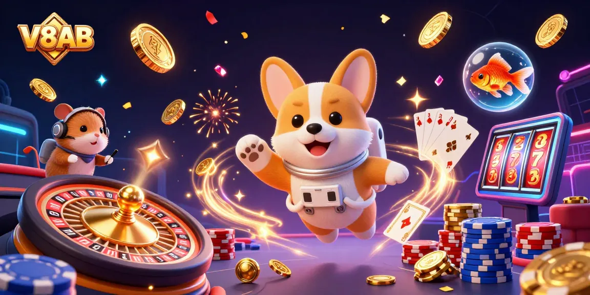 Exciting V8AB casino-themed illustration featuring games, golden coins, and vivid characters.