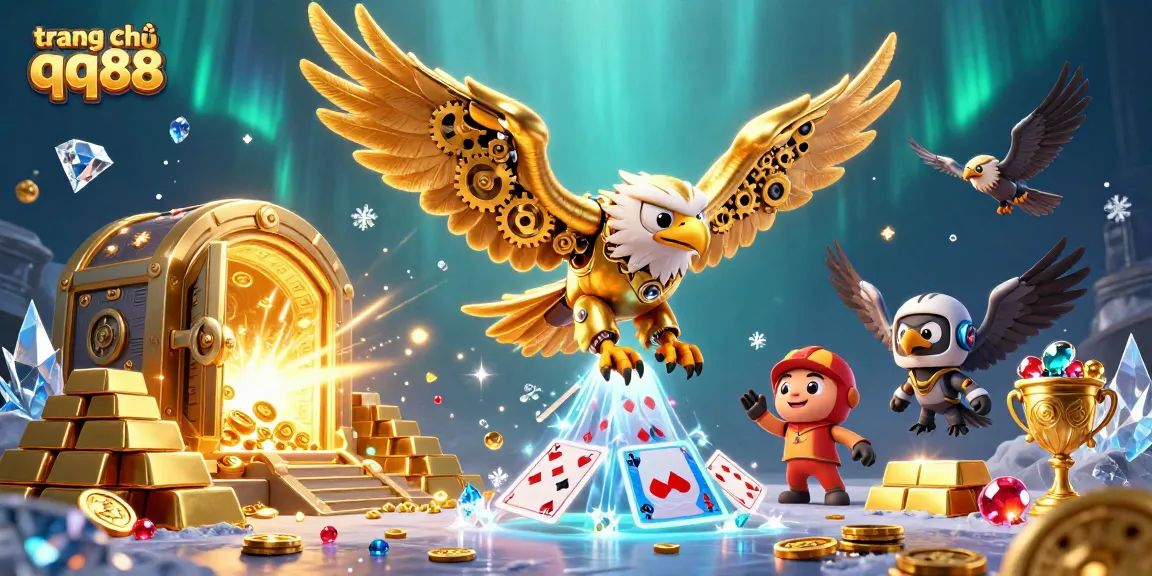 Experience thrills at trang chủ qq88 with a dynamic 3D casino illustration of a cybernetic eagle diving through holographic cards.