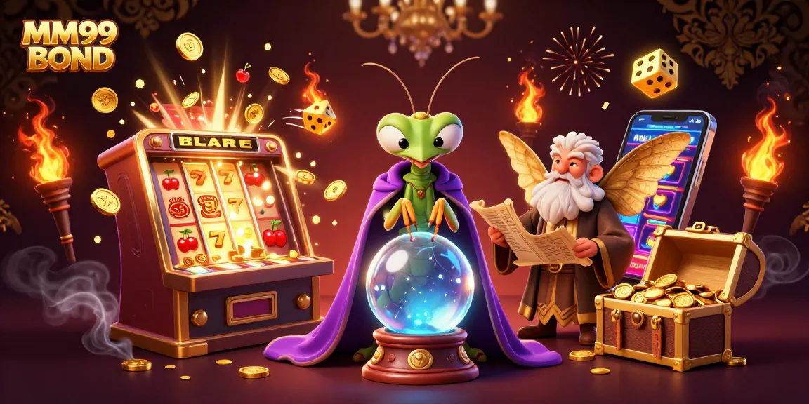 Engage with MM99 BOND's thrilling casino experience featuring animated characters alongside lively slot machine action.