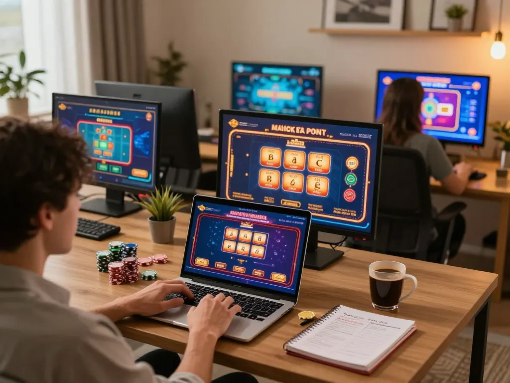 Player engaging in online casino games at home, showcasing the ALO8 COM platform in a cozy setting with strategic elements.