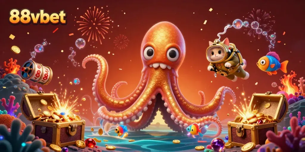 Engage in superb 88vbet gameplay highlighted by a colossal kraken amidst a treasure-filled ocean scene.