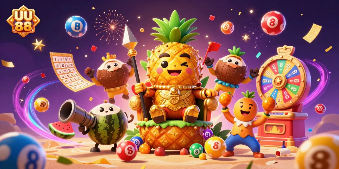 Experience exciting wins at UU 88 with a vibrant beach casino scene showcasing colorful game elements and festive celebration.