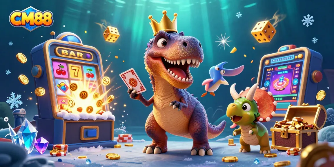 CM88 showcases a vibrant casino scene with a T-Rex, pterodactyl, and triceratops celebrating a jackpot.