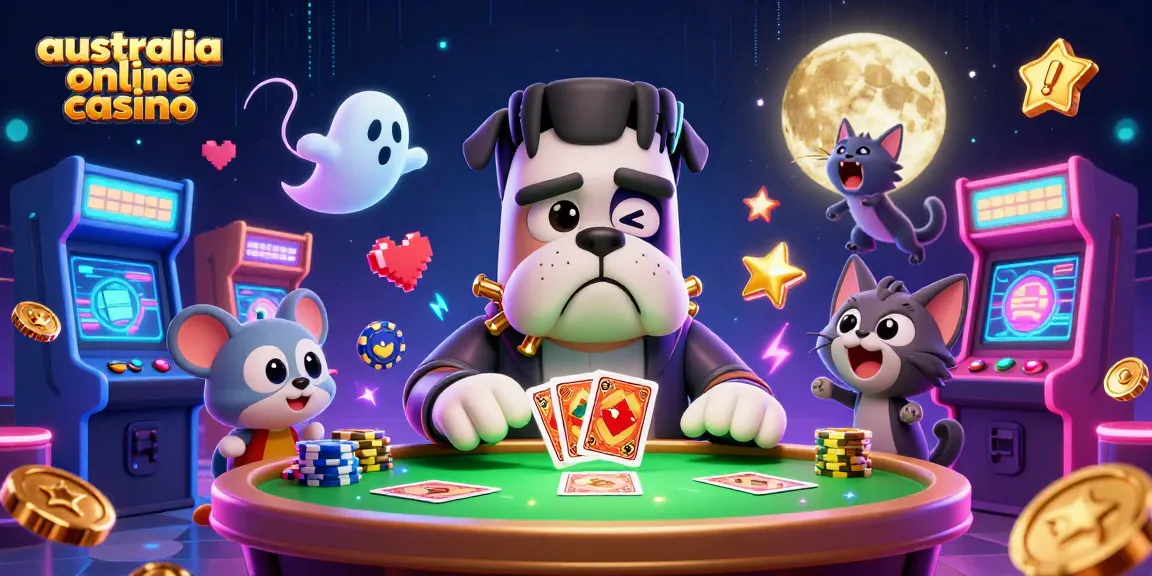 australia online casino featuring a cartoon Frankenstein bulldog dealing cards in a vibrant, glowing casino scene