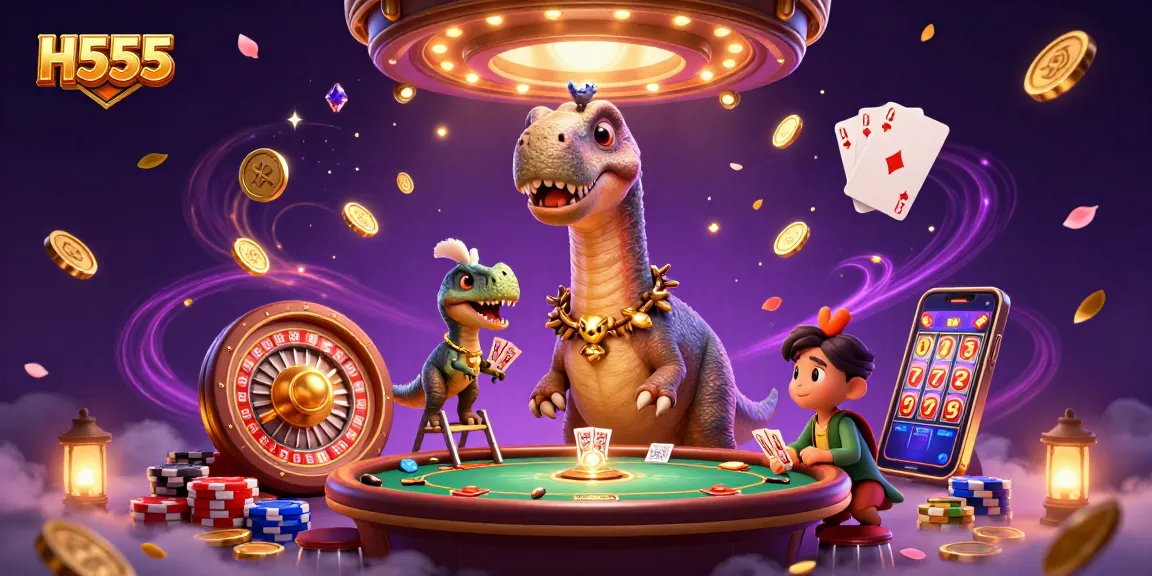 H555 brontosaurus oversees poker gameplay beneath it, surrounded by vibrant casino elements and golden treasures.