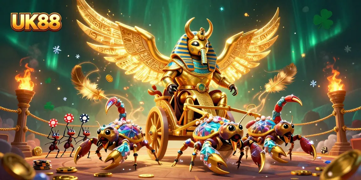Join the excitement with UK88 as the golden scarab beetle leads a thrilling casino battle scene.