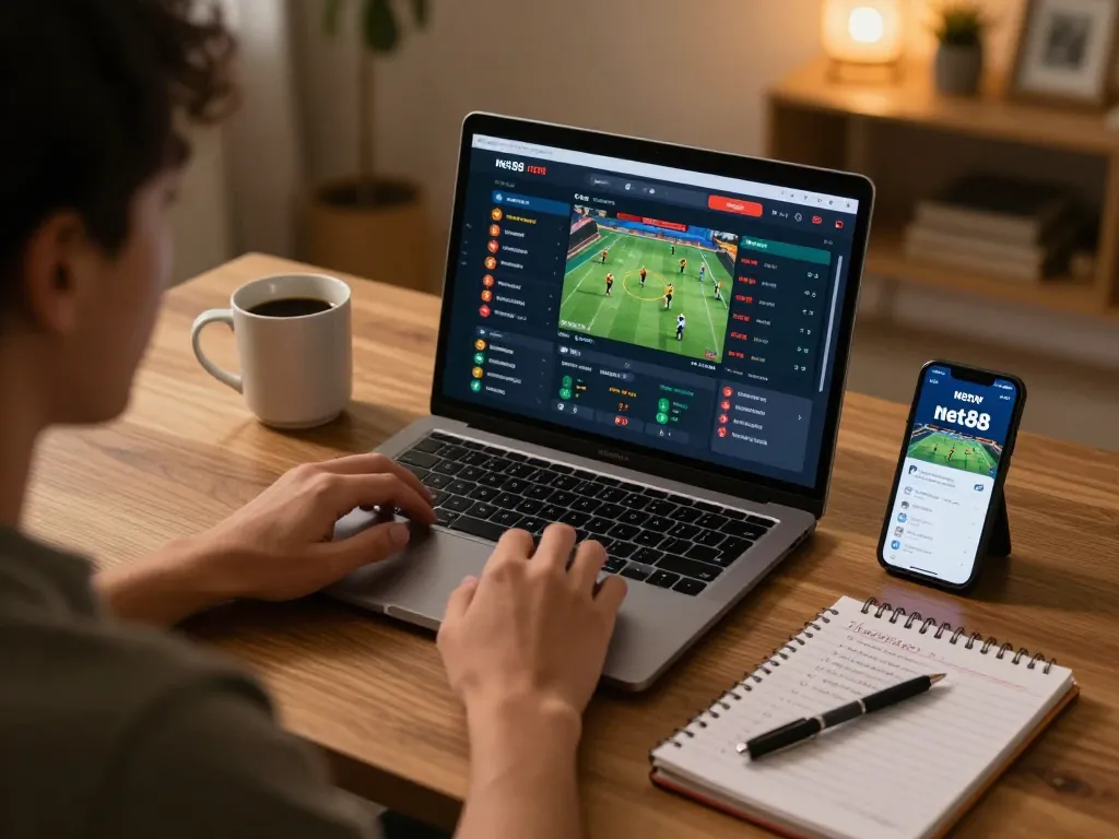 net88 user strategizing online sports betting with laptop in a cozy setting