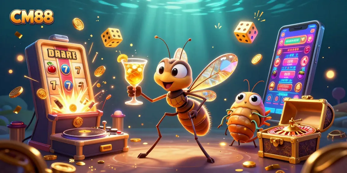 Engaging CM88 online casino scene with cartoon mascot and vibrant gaming elements.