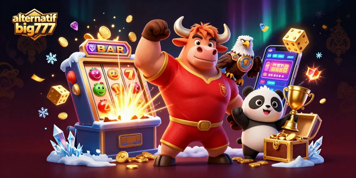 Experience the excitement of alternatif big777 with cartoon characters celebrating a jackpot in a vibrant casino scene.