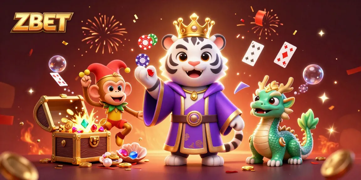 Experience thrilling wins with ZBET, as a regal tiger, playful monkey, and jade dragon animate a vibrant casino scene.