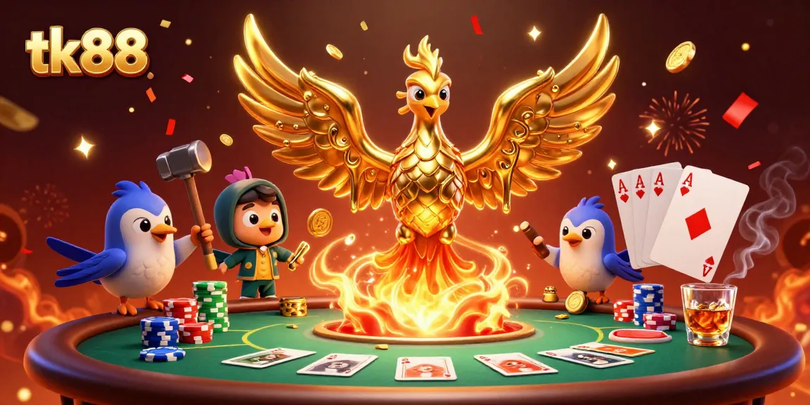 Experience thrilling gameplay at tk88 with a phoenix emerging in a colorful casino scene.