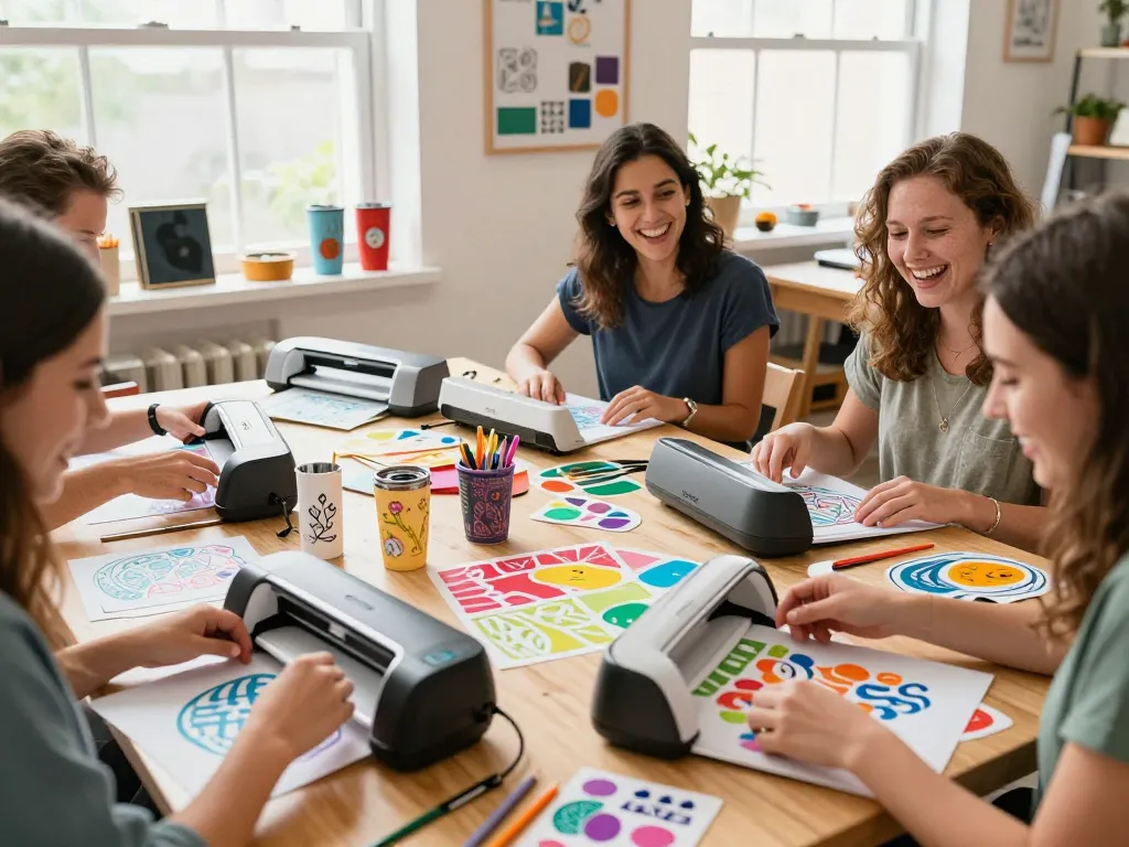 Group of crafters using Svg files for creative projects in a bright workshop.