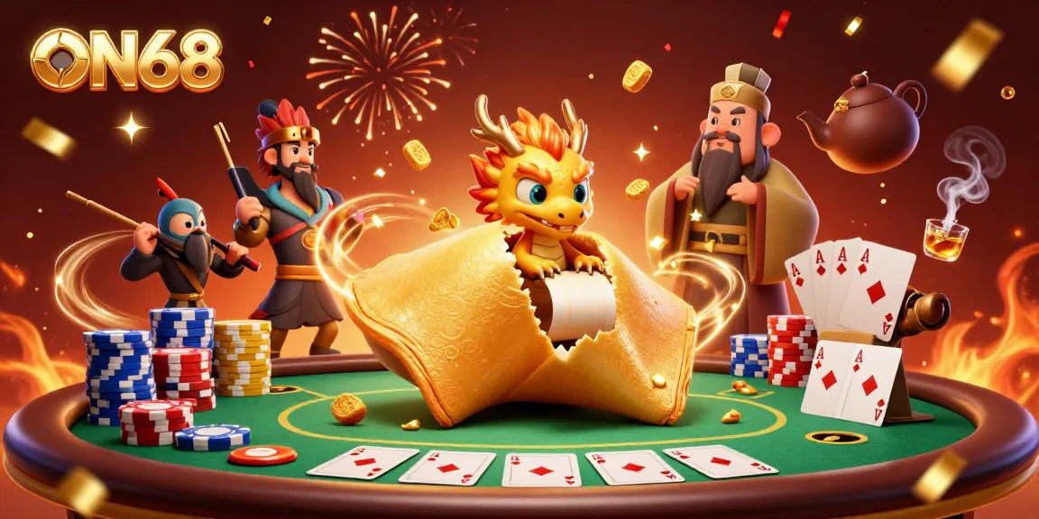 Engage with ON68's exciting poker world featuring a giant fortune cookie, wise dragon, and golden treasures.