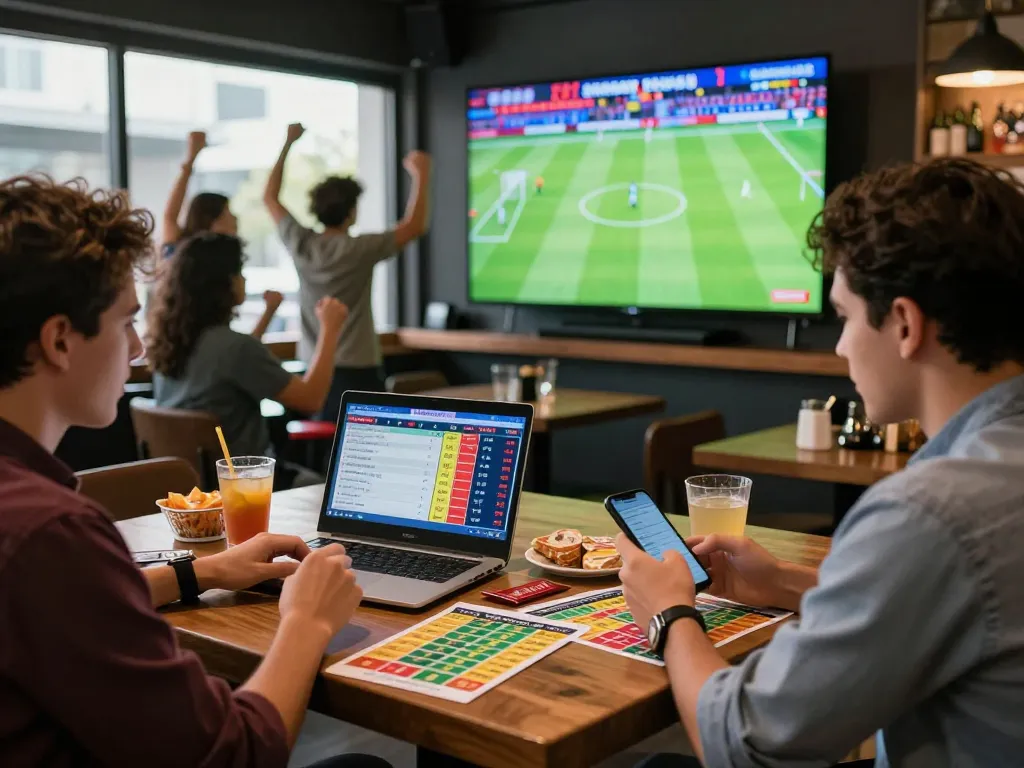 Kèo nhà cái hôm nay excitement at a sports bar with fans celebrating and analyzing odds.