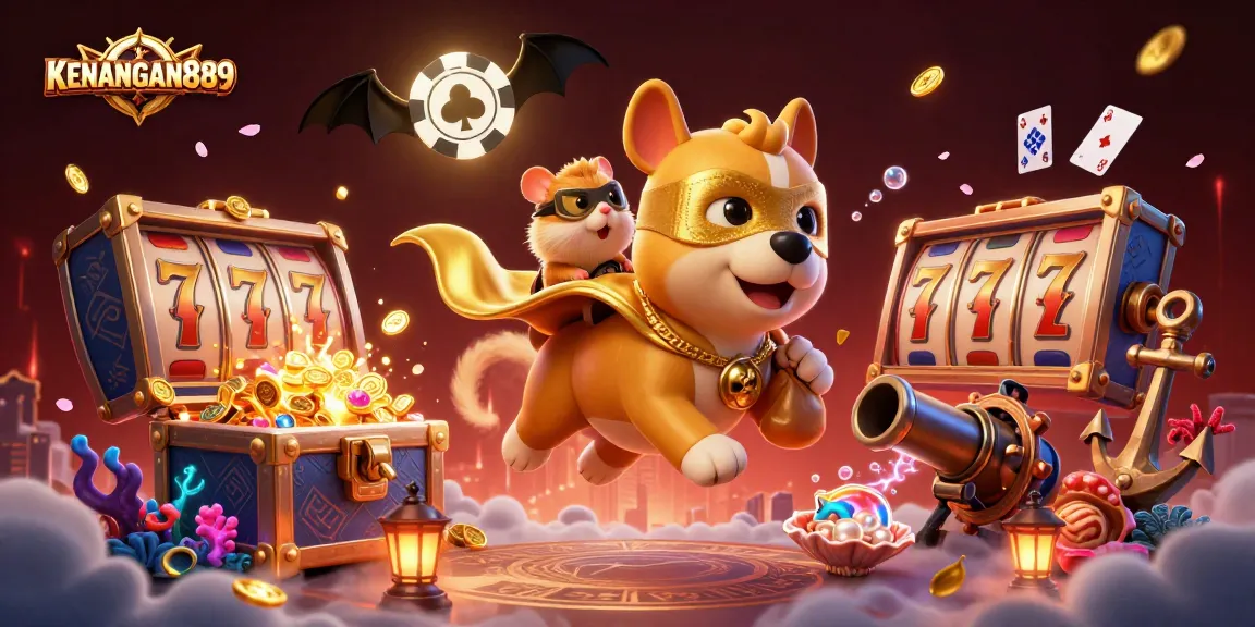 Engage in thrilling wins with KENANGAN889 featuring vibrant casino elements and colorful characters.