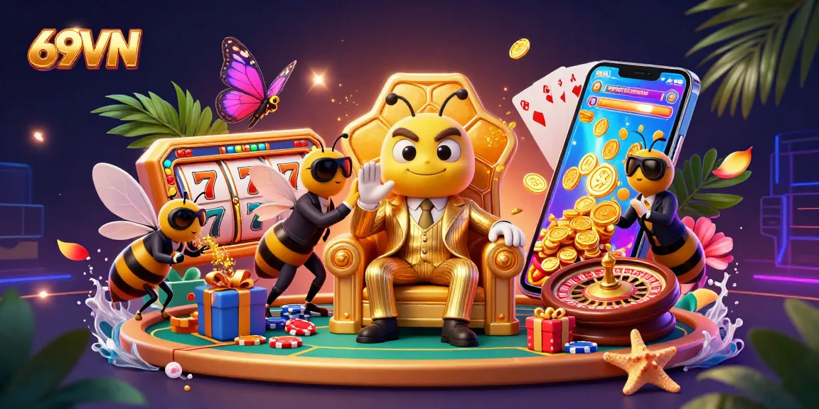 Experience the thrill of gaming with 69VN's vibrant casino scene featuring a buzzing mob boss, slot games, and dazzling gold.