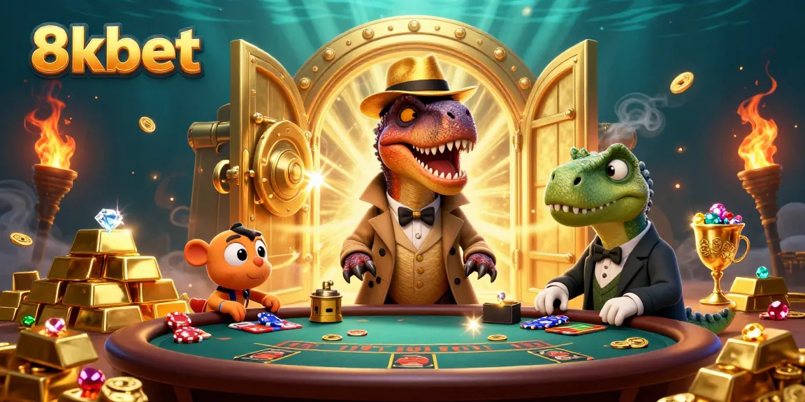 8xbet velociraptor at a blackjack table surrounded by dynamic casino elements and treasure.