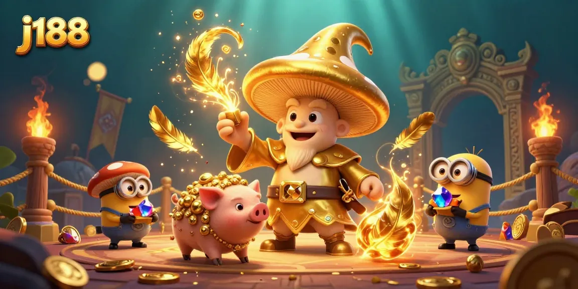 Engage in the magical world of j188 with a vibrant 3D illustration of a golden mushroom wizard and treasure.