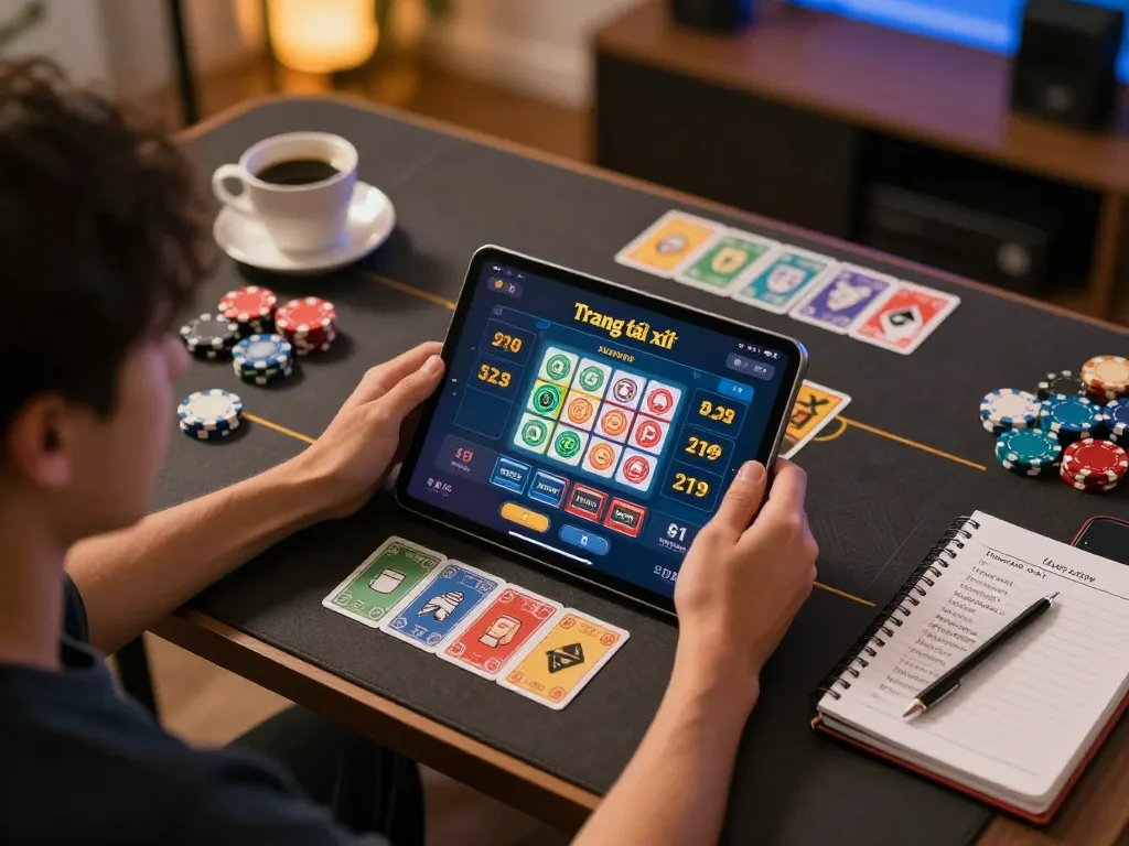 Engaging scene of a player enjoying Trang tài xỉu online, surrounded by chips and cards in a cozy home setting.