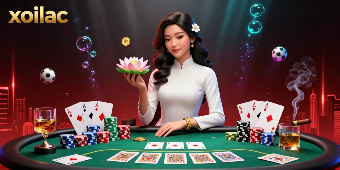 Xoilac showcases a vibrant 3D scene filled with poker elements, an elegant Asian woman, and dynamic sports betting symbols.