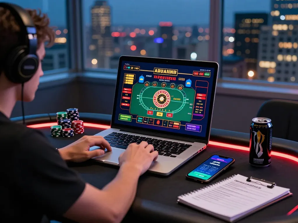 Engaged player enjoying 399W online casino games at stylish desk with laptop and smartphone.