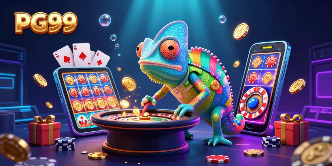 Experience the excitement of PG99 in a vibrant casino scene with a dynamic chameleon character.