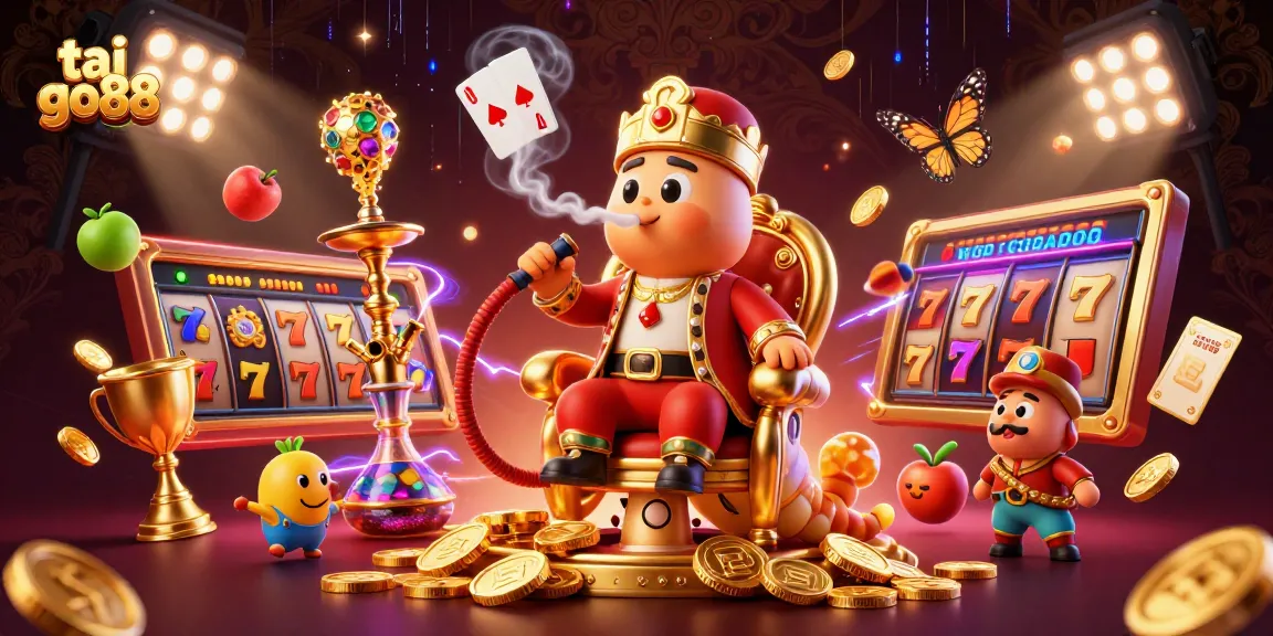 Engage with tai go88's vibrant casino world featuring dynamic slot reels and a whimsical caterpillar master.