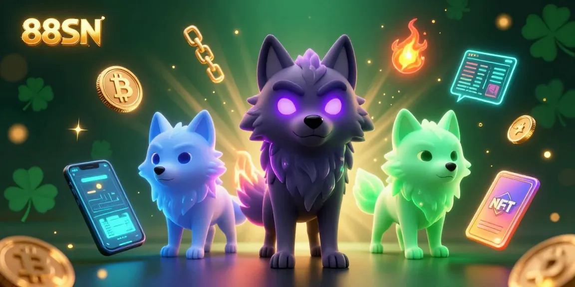 Engage with thrilling 88SN casino adventures through a vibrant 3D scene featuring mystical wolves and crypto elements.