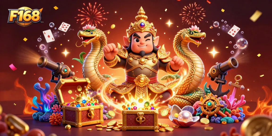 Experience the vibrant F168 casino thrills with dynamic gaming elements surrounding friendly guardians.