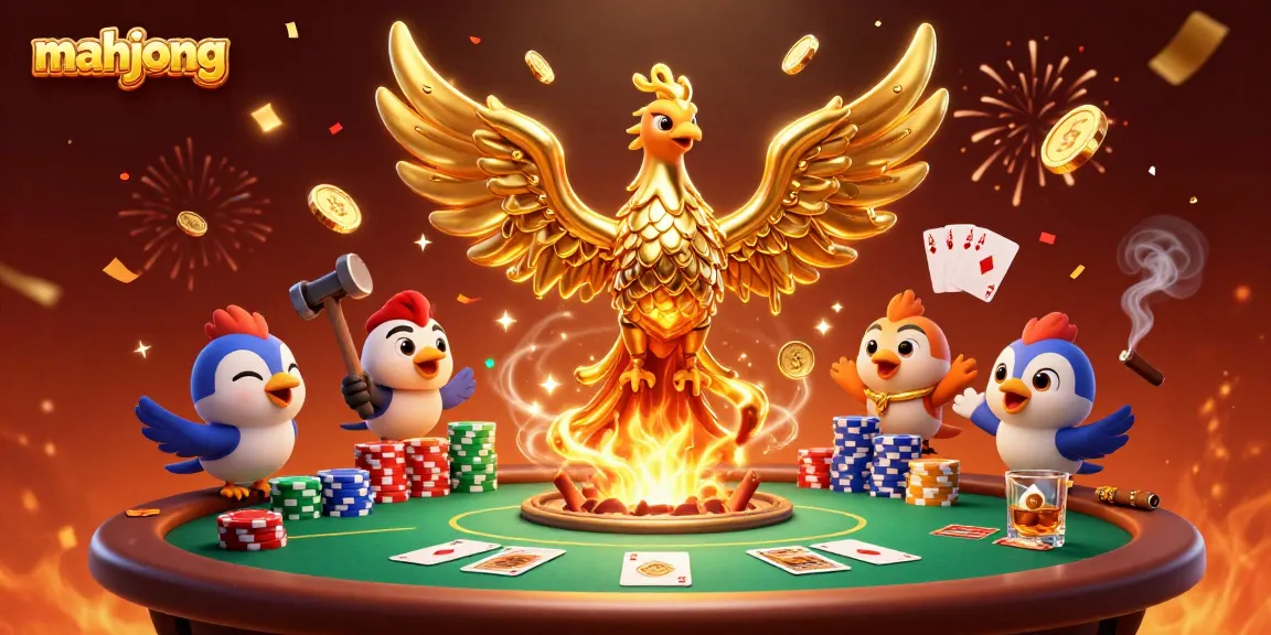 Experience Mahjong gameplay with golden phoenix and vibrant poker elements in a thrilling casino scene.