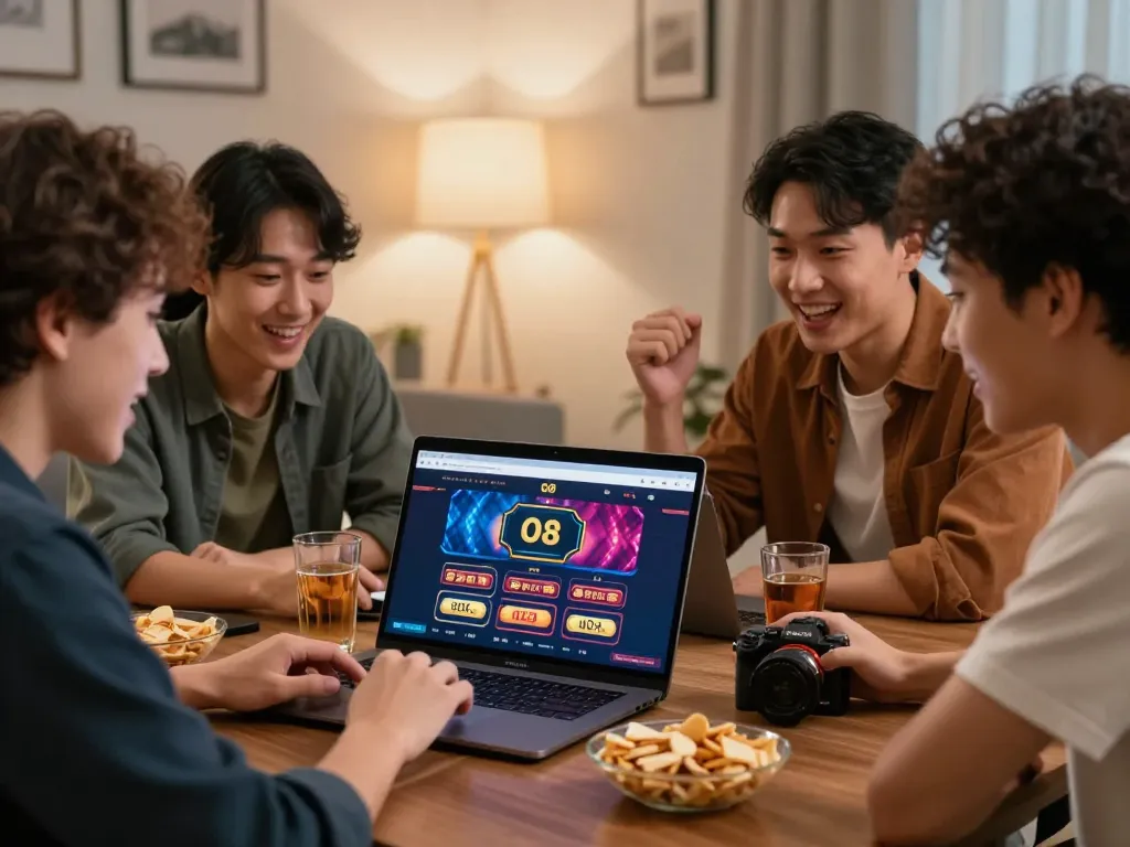 An engaging group of friends using the link vào o8 for an exciting gaming experience, showcasing fun and strategy in a cozy environment.