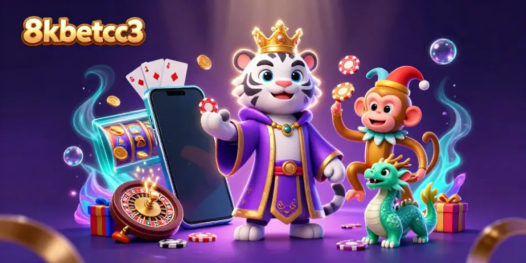Engaging 3D scene showcasing 8kbetcc3 with a white tiger and a golden monkey amidst casino elements.