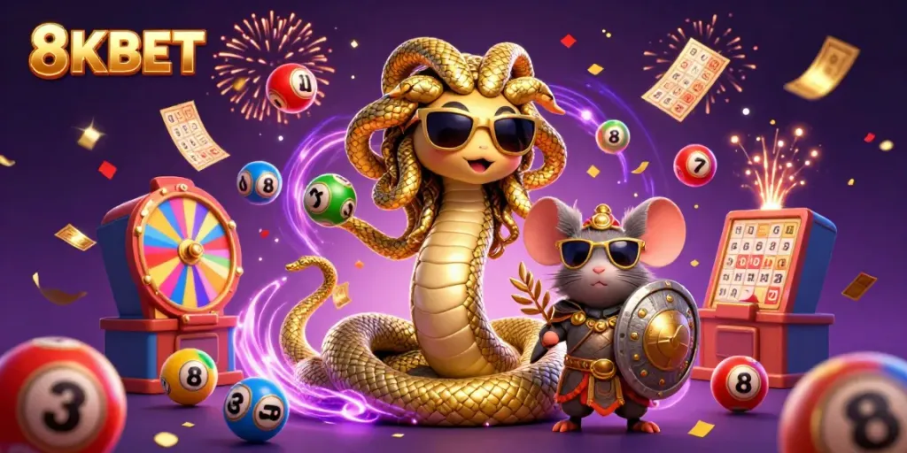 Experience the excitement of 8KBET with Medusa and a warrior mouse in this vibrant lottery scene.