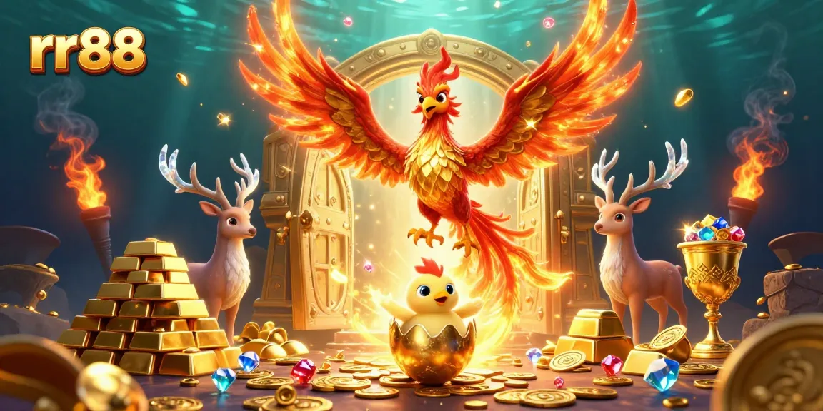 Experience thrilling gaming action at rr88 with a vibrant 3D phoenix, treasure, and dynamic casino elements.