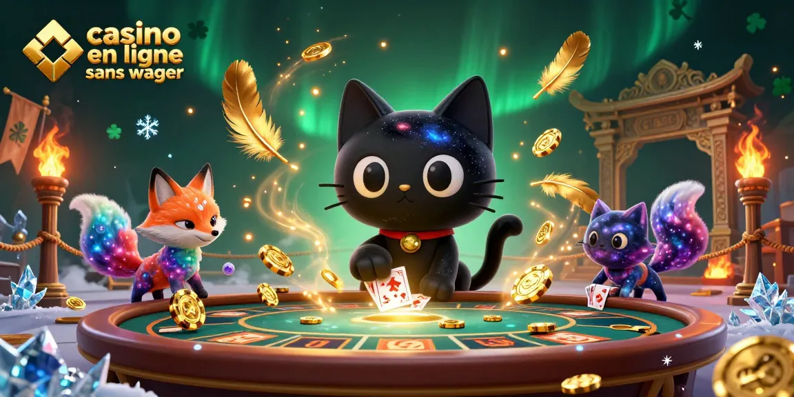 Illustration captivante de casino en ligne sans wager avec un chat noir gravitationnel et un renard coloré.