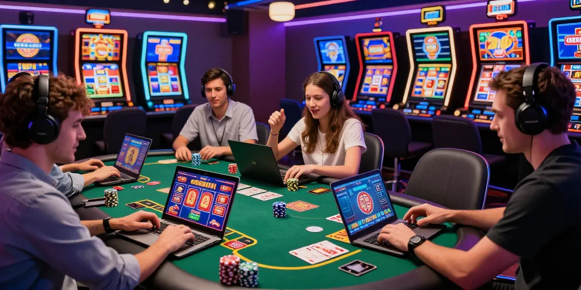 Dynamic scene of players enjoying top credit card casinos with vibrant gaming graphics and a lively atmosphere.