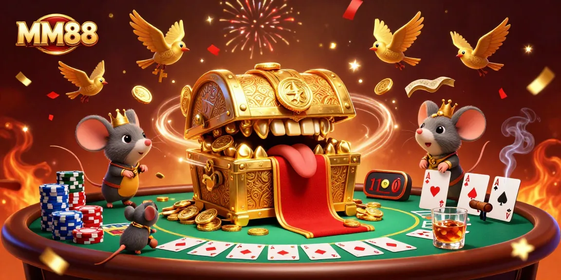 Win big at MM88 with vibrant 3D casino scene showcasing poker elements and animated adventure.