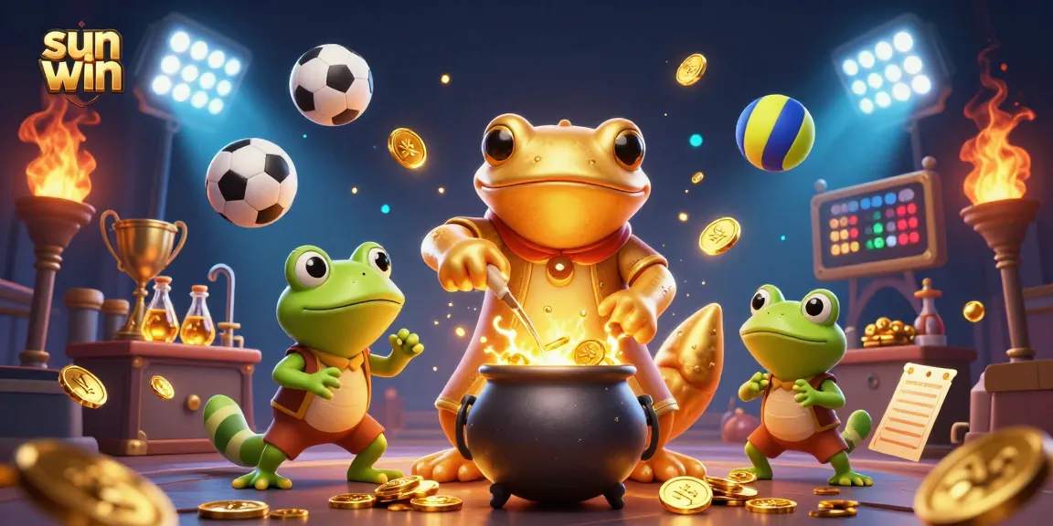 Sun win captures a vibrant casino scene with a golden salamander alchemist and sports elements.