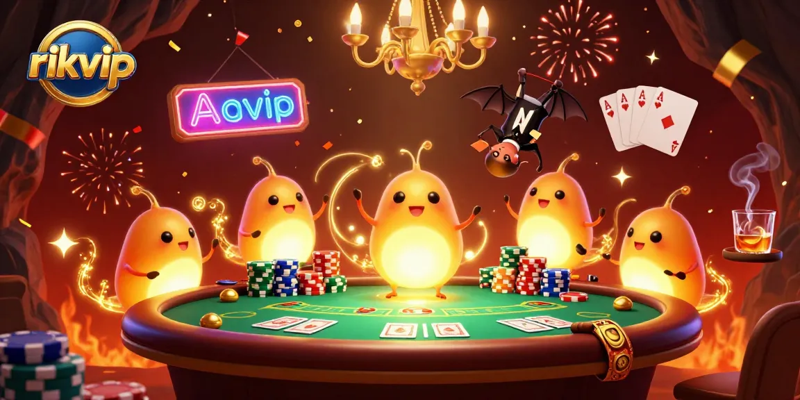Experience excitement at rikvip with a vibrant 3D casino scene featuring playful characters and poker elements.