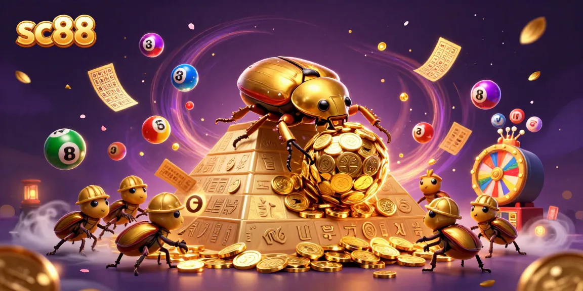 Experience sc88 excitement with golden beetles, lottery balls, and engaging casino elements.