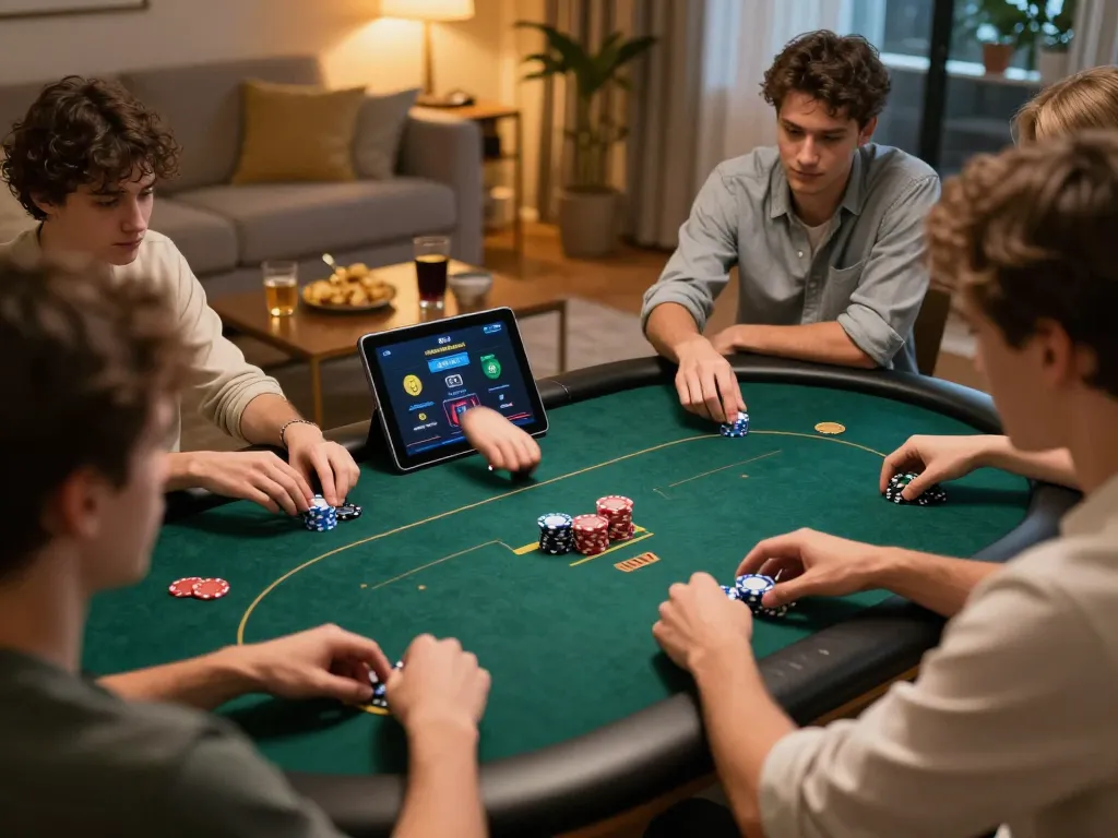 Engaging in online poker at https://fabett.cn.com/ with friends in a cozy environment, showcasing strategic gameplay.