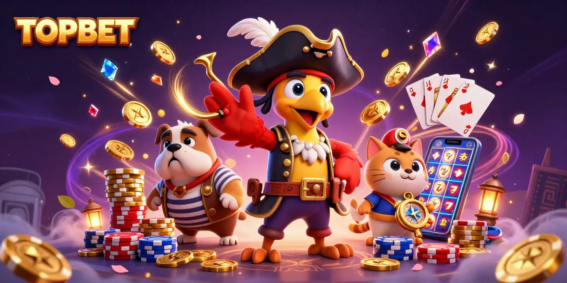 TOPBET showcases a vibrant pirate-themed casino scene with playful characters and dynamic gambling elements.
