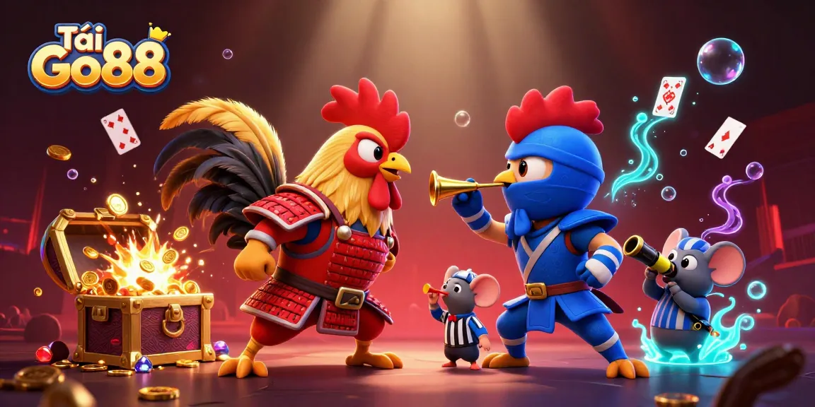 Tải Go88 offers thrilling gaming action with a dynamic illustration featuring roosters and treasure.