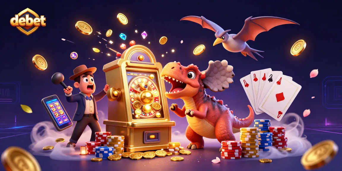 Bet on debet with a thrilling casino scene featuring a dinosaur jackpot and flying coins.
