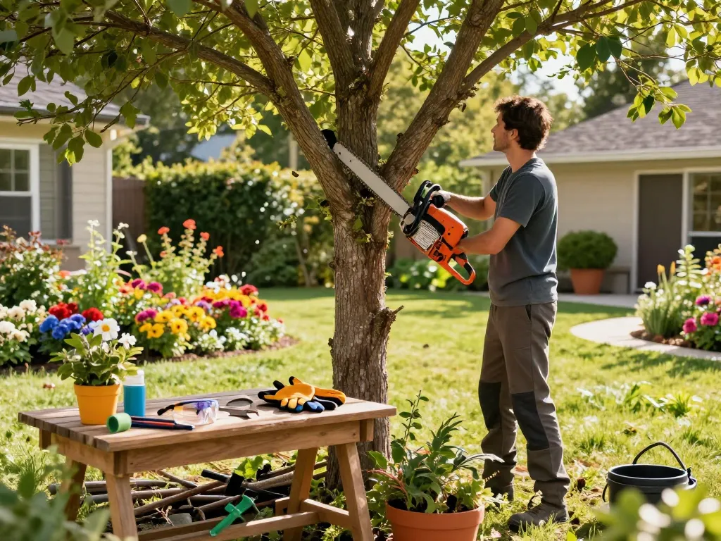 Gardener using a chainsaw in Cyprus to prune trees in a vibrant backyard garden.