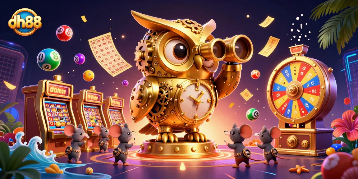 Engage in thrilling gaming experiences at dh88 with a vibrant casino scene featuring a golden owl and dynamic lottery elements.