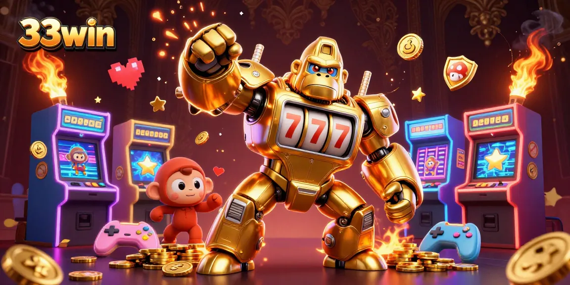 Experience the thrill of winning with 33win's vibrant 3D depiction of a golden gorilla mech and arcade elements.